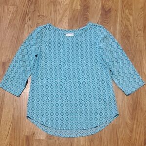 Susan Graver Womens Aqua Blue Green Geometric 3/4 Sleeve Top Blouse Navy Size 2